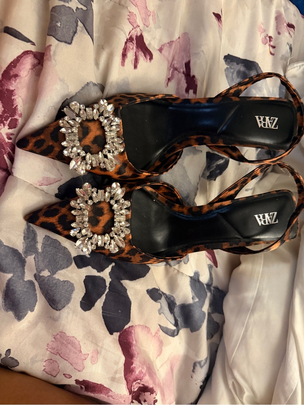 Zara Leopard Print Slingback Pumps with Crystal Embellishment - Brown